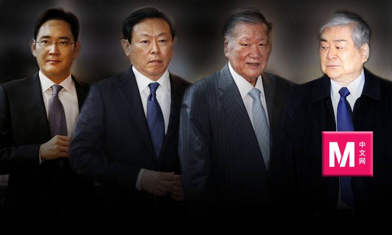 李在镕（左起）、辛东彬、现代汽车集团董事长郑梦九和韩进集团董事长赵亮镐。-路透社，M中文网制图-