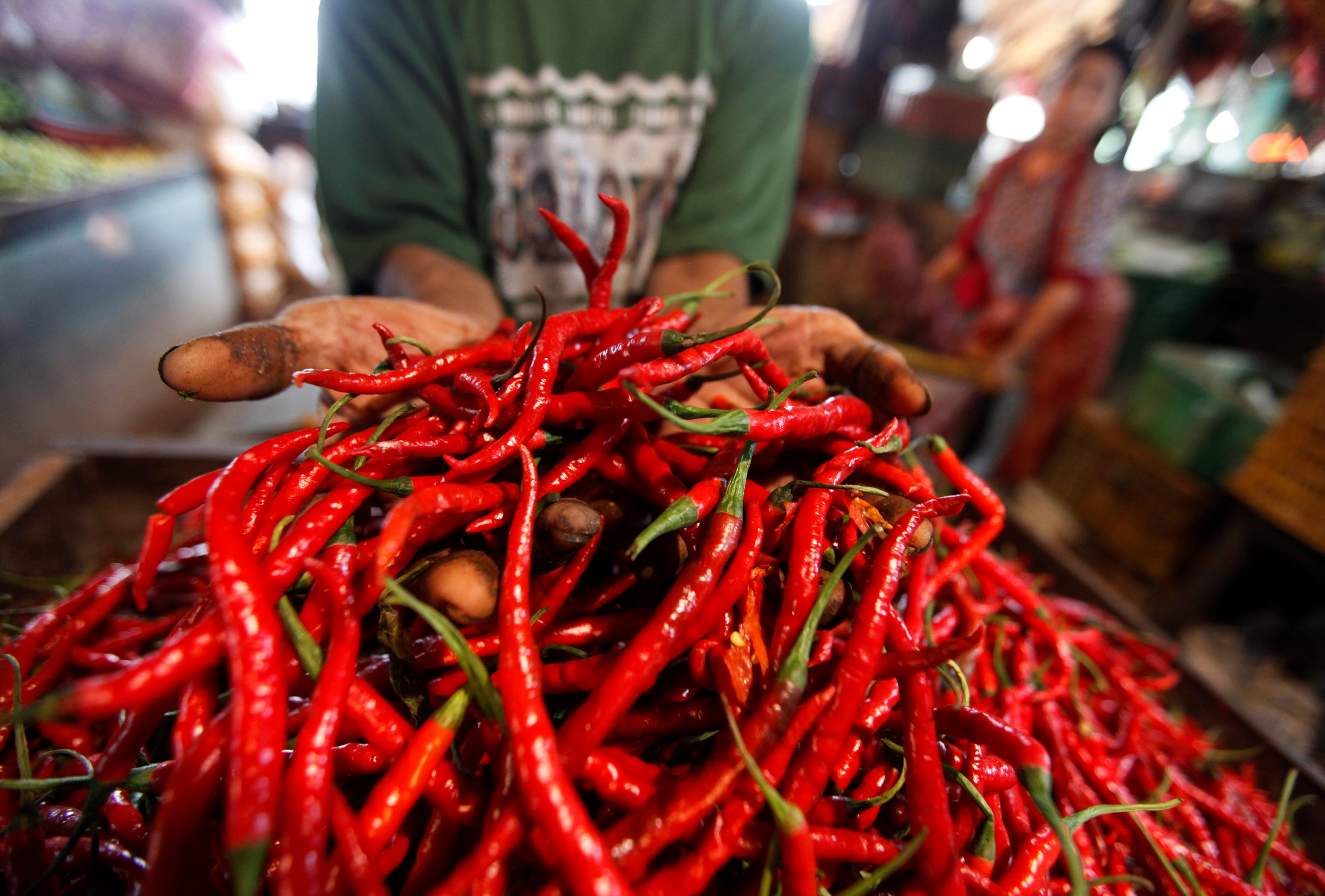 A trader displays chilis for sale at traditional market in Jakarta, Indonesia December 16, 2016. REUTERS/Fatima El-Kareem FOR EDITORIAL USE ONLY. NO RESALES. NO ARCHIVES.n
