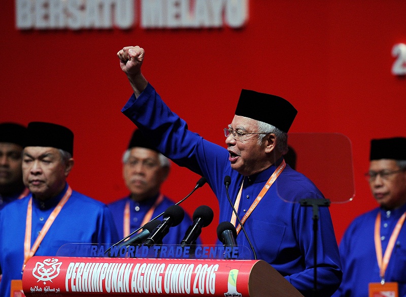 Umno President Datuk Seri Najib Razak speaks during the opening ceremony of the 2016 Umno General Assembly in Kuala Lumpur December 1, 2016. u00e2u20acu201d Bernama pic