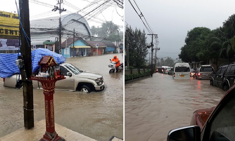 苏梅岛遭受严重水灾,通往机场的公路也被洪水淹沒(右图)。-图取自推特/janitravels和Koh Samui and Beyond-