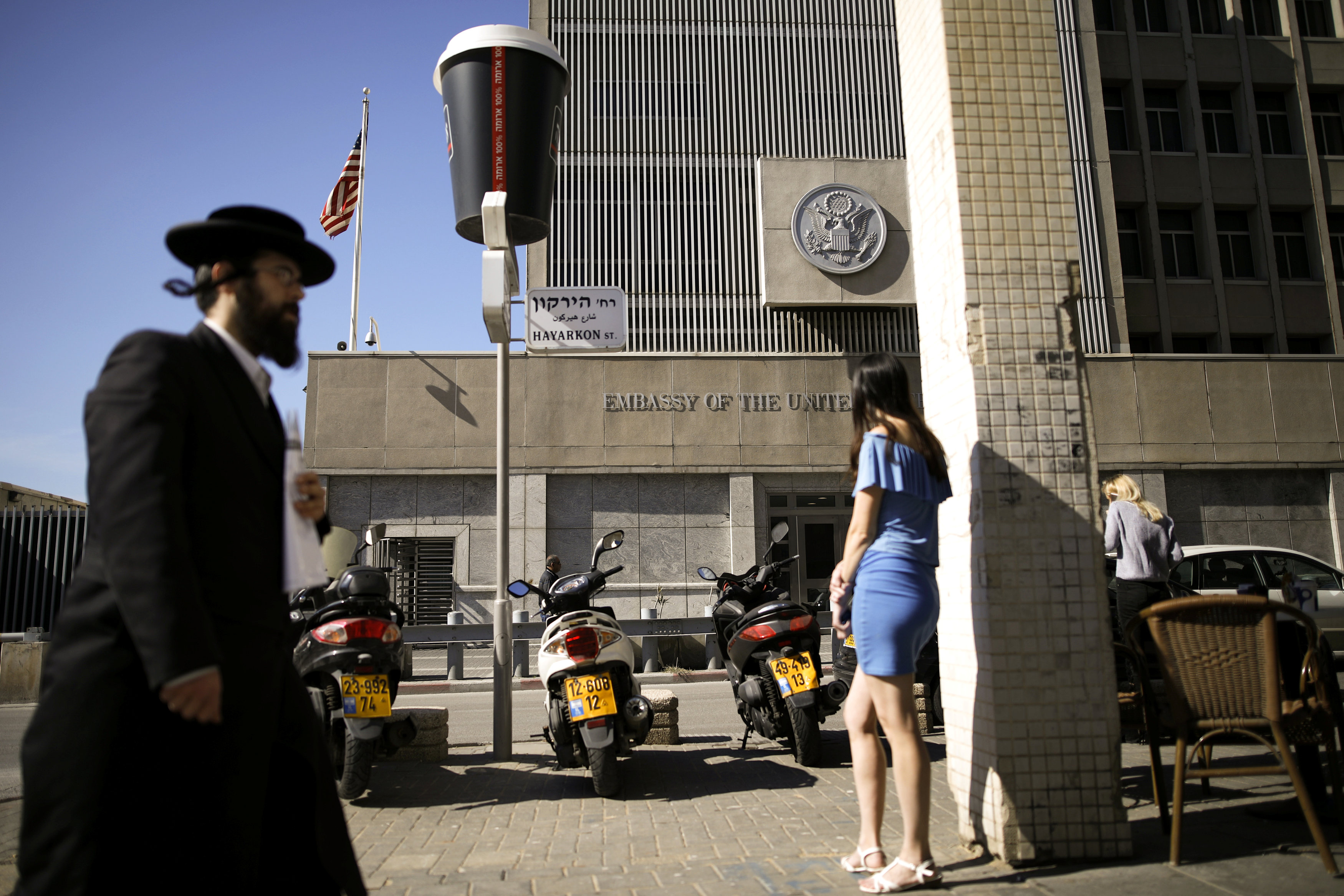 An ultra-Orthodox Jewish man walks by the U.S. embassy in Tel Aviv, Israel January 20, 2017. REUTERS/Amir Cohen/File Photon