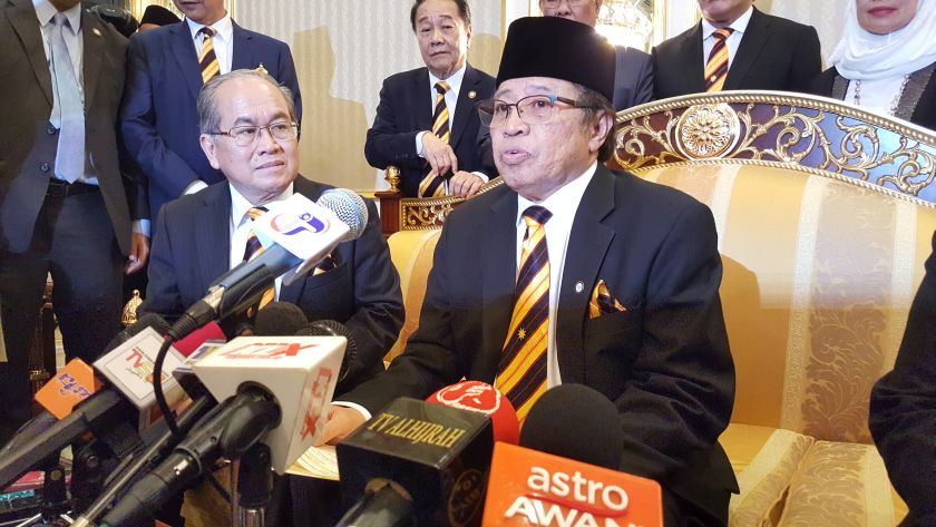 New Chief Minister Datuk Amar Abang Johari Abang Openg (right), with his deputy Datuk Amar Douglas Uggah Embas, speaking to reporters after the swearing of state Cabinet Ministers, January 19, 2017. u00e2u20acu201d Picture by Sulok Tawie