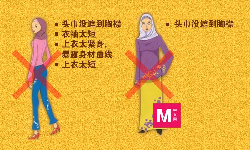 女穆斯林若是穿紧身衣,而将身材曲线暴露出来,就是犯禁,而且头巾披前身时,也要遮到胸襟,不能露出前胸。-M中文网制图-