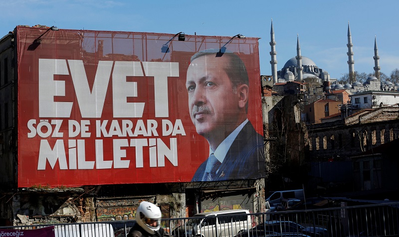 A billboard carrying a picture of Turkish President Tayyip Erdogan and a slogan that reads: 'Yes. It is for the people to speak and to decide' is seen on a building ahead of the constitutional referendum in Istanbul April 13, 2017. u00e2u20acu201d Reuters pic