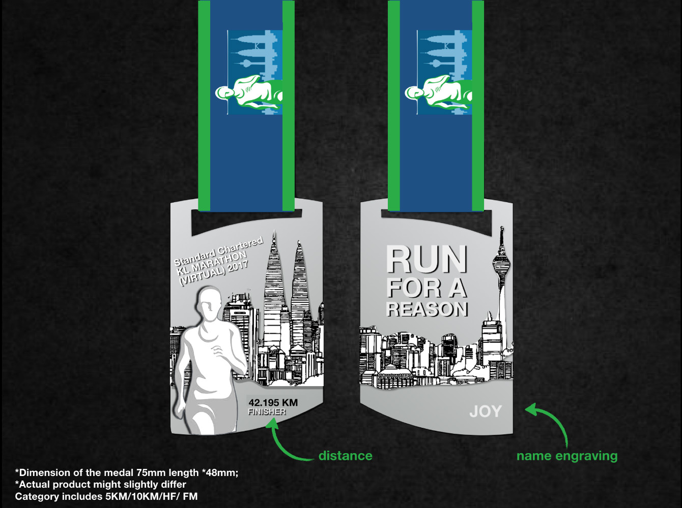 这次虚拟跑比现场跑多了一个好处，就是有着刻上自己名字的奖牌作纪念。-图摘自Standard Chartered KL Virtual Marathon 2017官网-