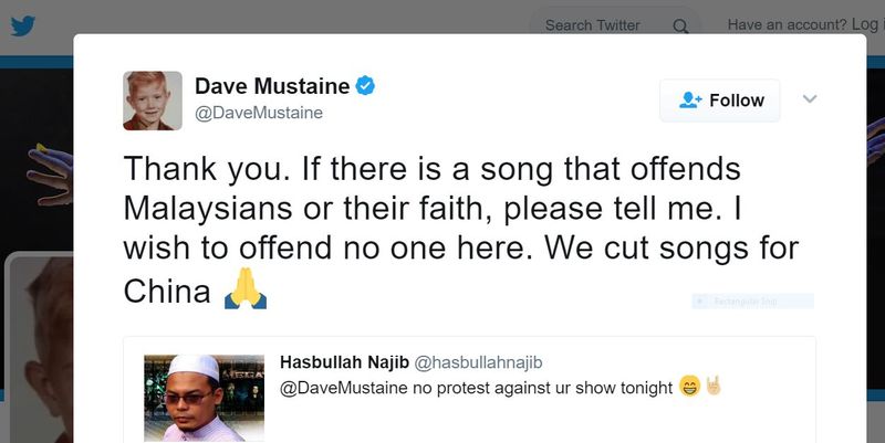 主唱马斯泰恩在推特感激伊党不会到演唱会现场抗议示威。