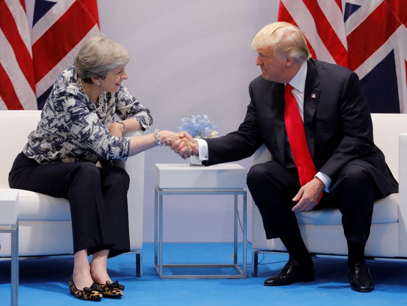 Britainu00e2u20acu2122s Prime Minister Theresa May talks with US President Donald Trump during the G20 leaders summit in Hamburg, Germany July 8, 2017. u00e2u20acu201d Reuters pic