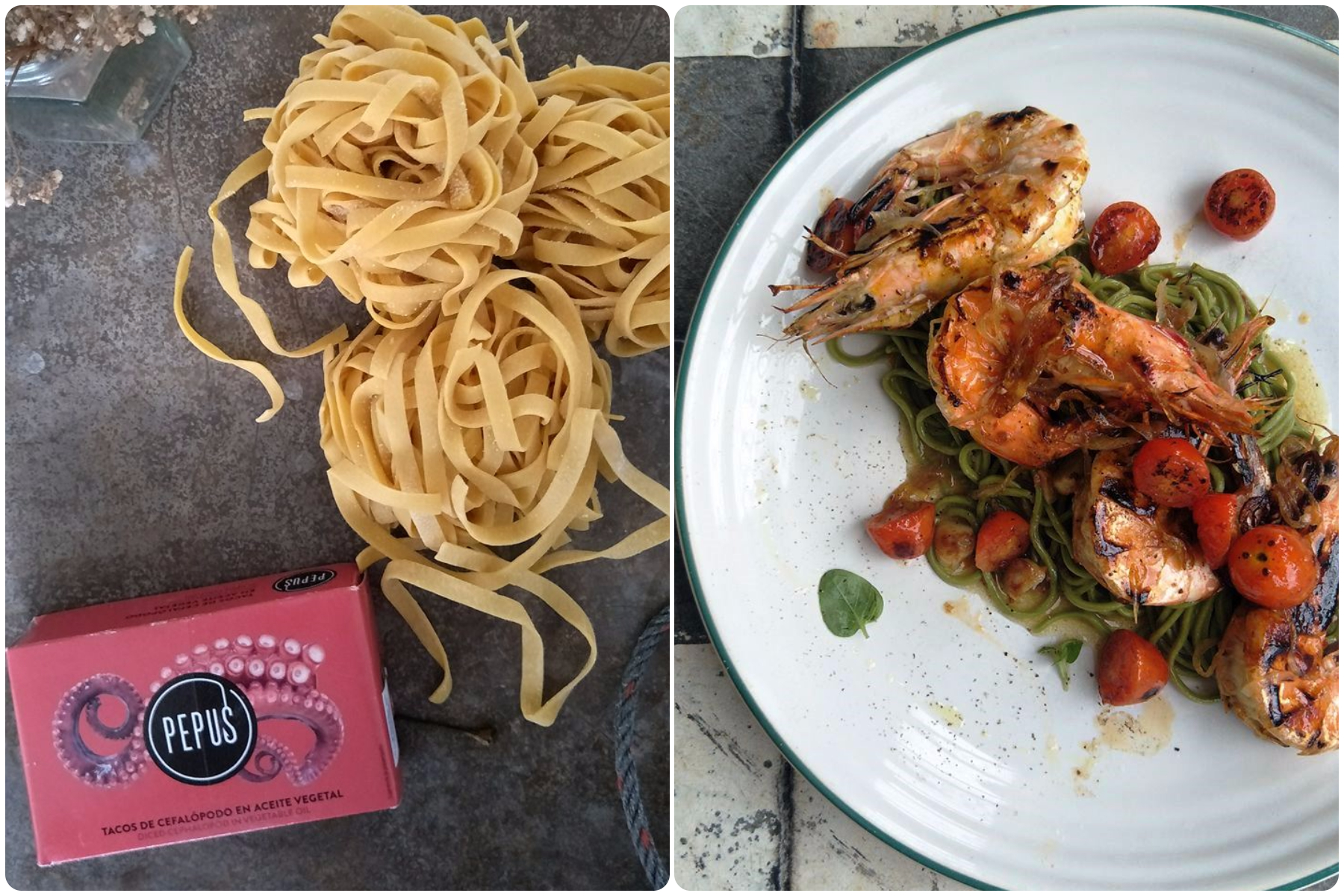 左图是老板的手工意大利面成品，右图是老板最新研发的大虾抹茶手工意大利面。-摘自Jaloux FB-