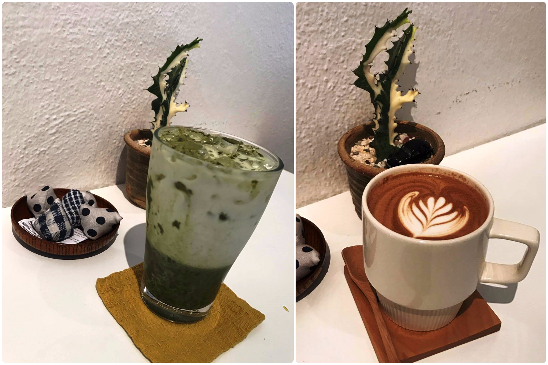 冰抹茶拿铁（左）和咖啡拿铁（右），桌子上还有一些小玩意可以让顾客把玩。-杨琇媖摄-