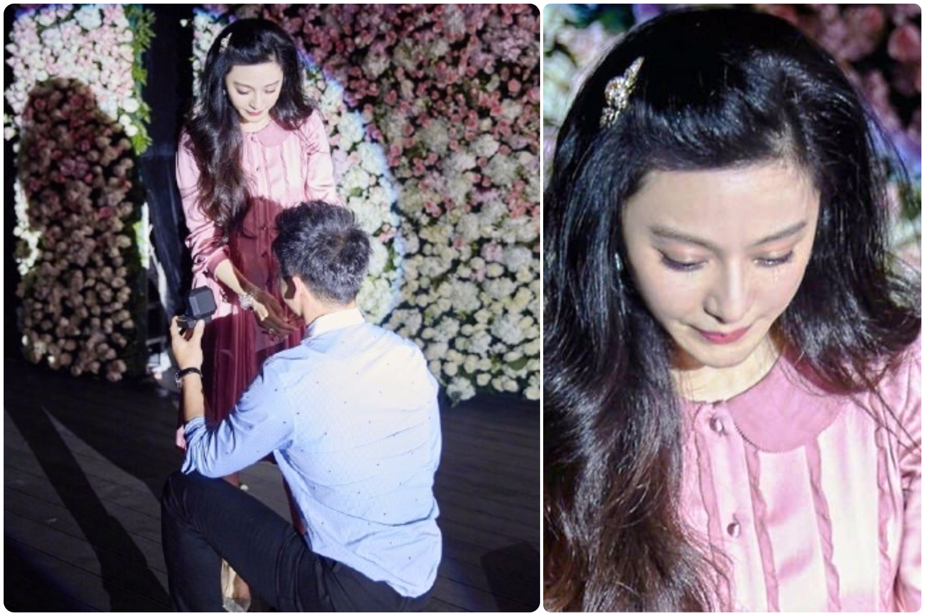 李晨单膝下跪求婚范冰冰，范冰冰感动落泪。