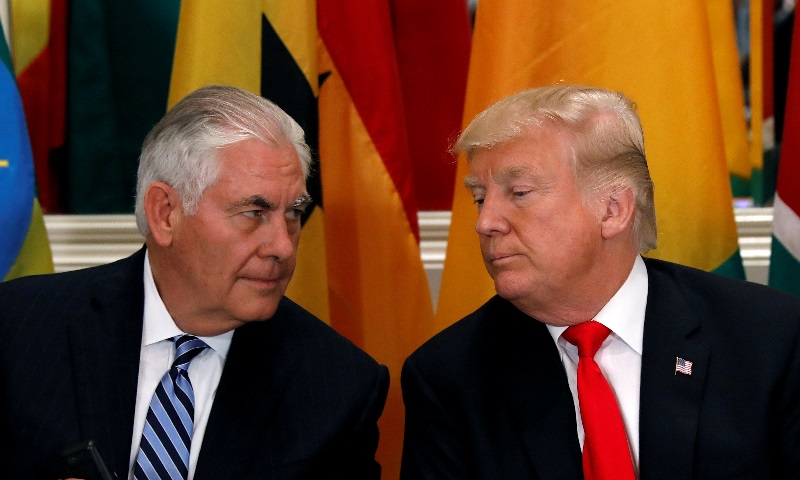 FILE PHOTO: U.S. President Donald Trump and Secretary of State Rex Tillerson confer during a working lunch with African leaders during the U.N. General Assembly in New York, U.S. on September 20, 2017. REUTERS/Kevin Lamarque/File Photo