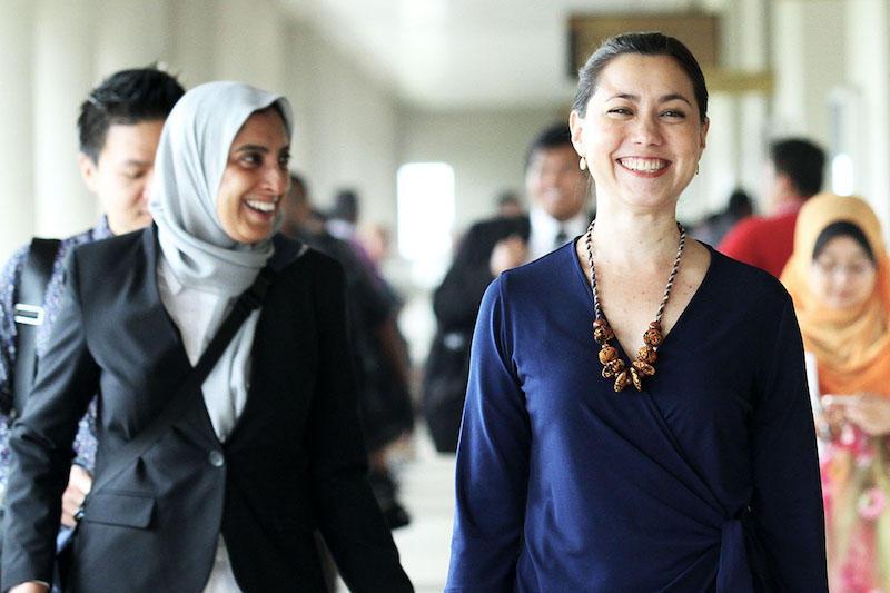 Bilqis Hijjas is seen with her lawyer, Latheefa Koya, after todayu00e2u20acu2122s decision at the Magistrates' Court in Kuala Lumpur November 27, 2017. u00e2u20acu201d Picture by Miera Zulyana