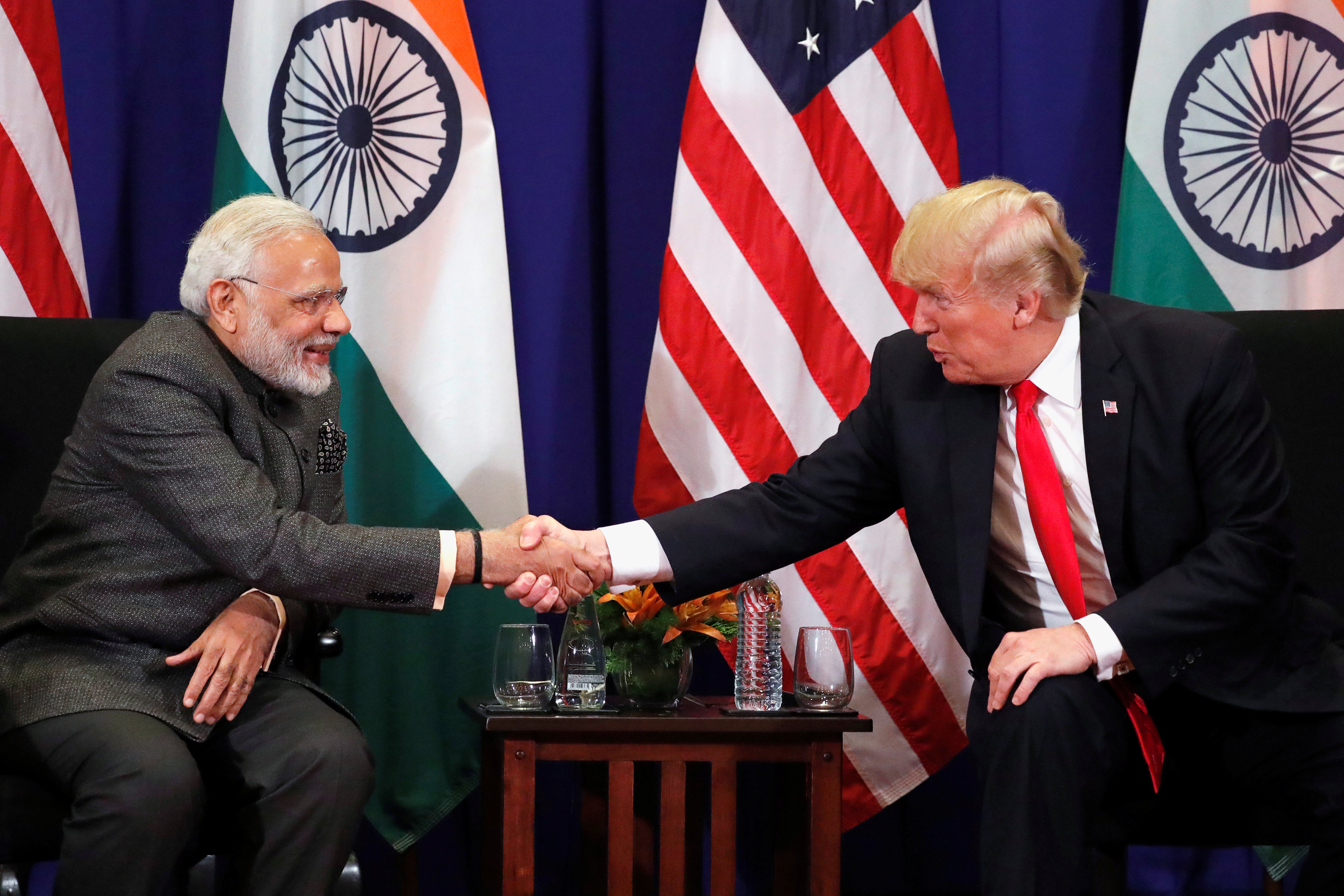 US President Donald Trump shakes hands with India's Prime Minister Narendra Modi during a bilateral meeting alongside the Asean Summit in Manila, Philippines November 13, 2017. u00e2u20acu201d Reuters pic