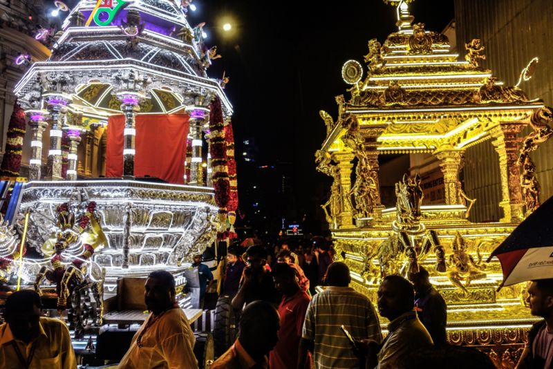 Lord Muruganu00e2u20acu2122s silver and gold chariots are seen in front of the Sri Maha Mariamman temple in Kuala Lumpur January 29, 2018. u00e2u20acu2022 Picture by Shafwan Zaidon