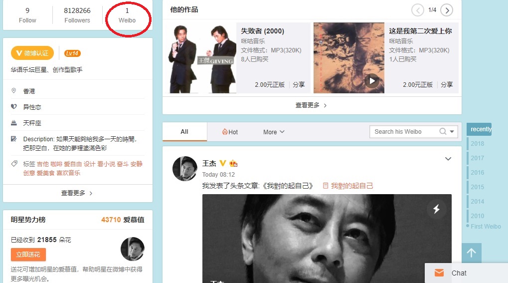 王杰将微博全部删了，仅剩下最新发布的“对得起自己”长文。-王杰微博截屏-