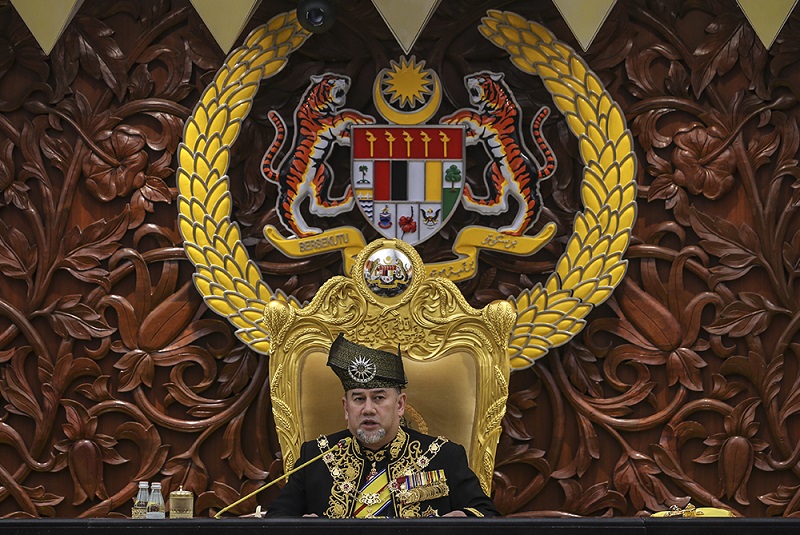 Yang di-Pertuan Agong Sultan Muhammad V delivers his royal address at the opening of the first meeting of the sixth term of the 13th Parliament in Kuala Lumpur March 5, 2018. u00e2u20acu201d Picture by Azneal Ishak