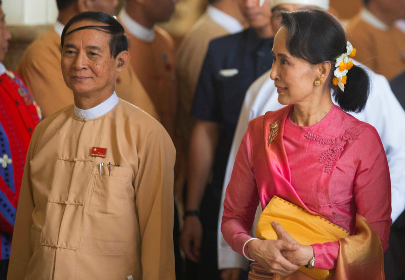 Myanmar's State Counsellor Aung San Suu Kyi (right) and Vice President Win Myint at a parliament session to elect the country's new president in Naypyitaw, Myanmar March 28, 2018. u00e2u20acu201d Reuters pic 