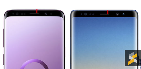 三星旗舰手机Galaxy S9+和Note 8耳筒和顶部的距离。-摘自SoyaCincau网站-
