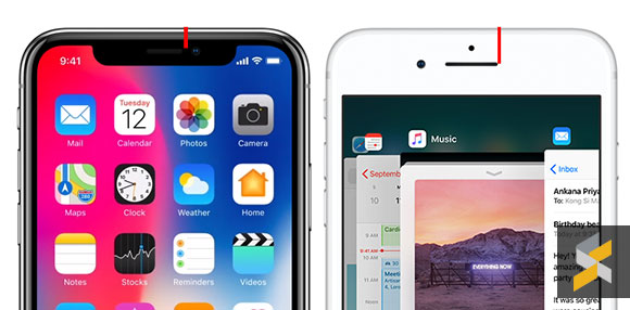 苹果旗舰手机iPhone 8 Plus与iPhone X的耳筒位置比较。-摘自SoyaCincau网站-