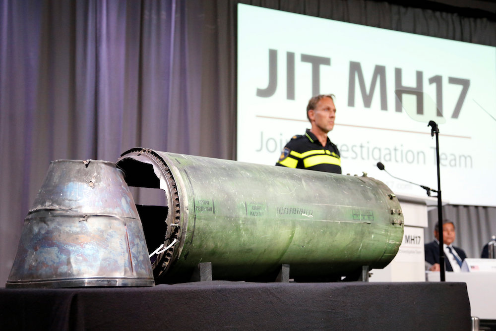 A damaged missile is displayed during a news conference by members of the Joint Investigation Team in Bunnik May 24, 2018. u00e2u20acu201d Reuters pic