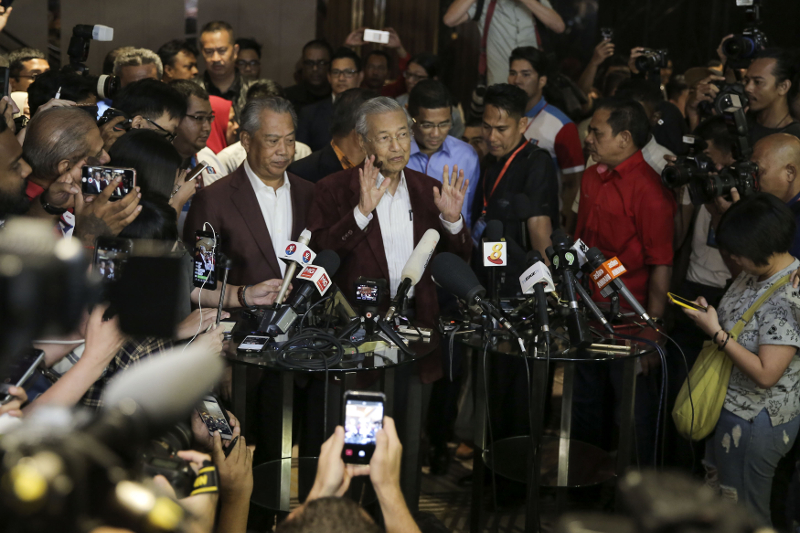 Tan Sri Muhyiddin Yassin and Tun Dr Mahathir Mohamad attend a press conference in Petaling Jaya May 9, 2018. u00e2u20acu201d Picture by Yusof Mat Isa