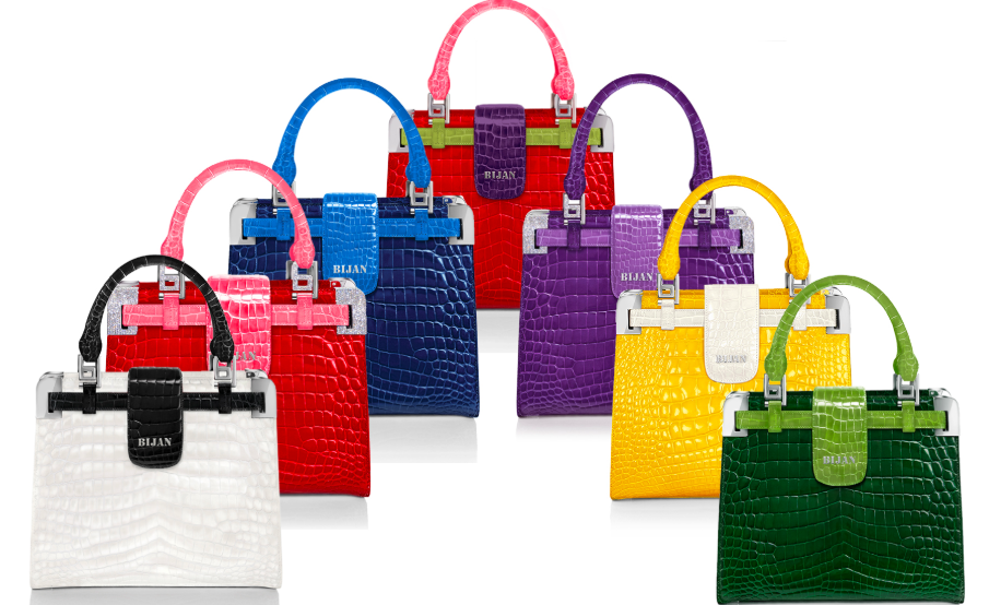 The House of Bijan belonging to Iranian designer Bijan Pakzad sells clothing and fragrances and also has a collection of alligator handbags for ladies in an assortment of bright colours. u00e2u20acu201d Screen capture via House of Bijanu00e2u20acu2122s website