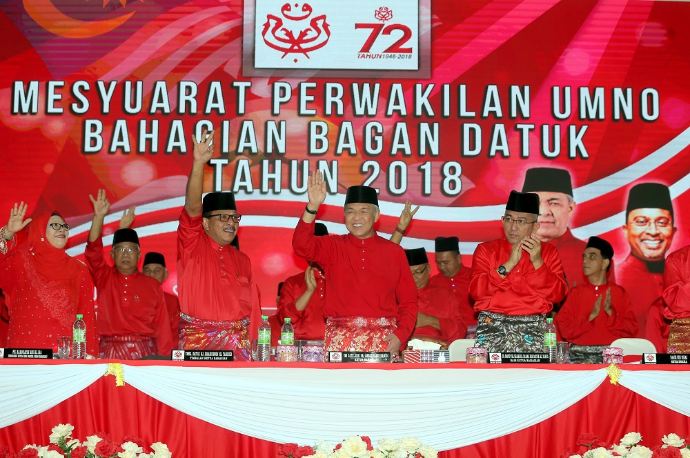 Umno presidential candidate Datuk Seri Ahmad Zahid Hamidi (centre) during the Bagan Datuk Umno delegates meeting in Bagan Datuk June 30, 2018. u00e2u20acu201d Picture by Farhan Najib