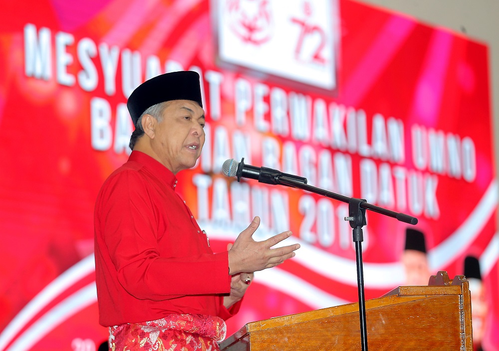 Umno presidential candidate Datuk Seri Ahmad Zahid Hamidi delivers his speech during the Bagan Datuk Umno delegates meeting in Bagan Datuk June 30, 2018. u00e2u20acu201d Picture by Farhan Najib