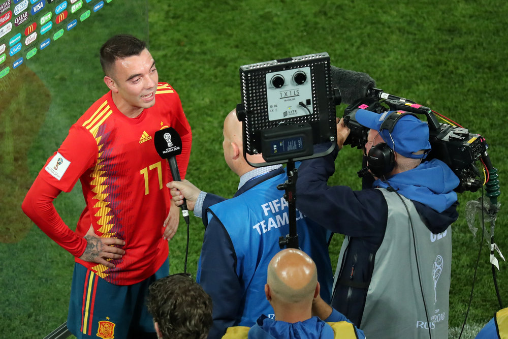 Spain's Iago Aspas is interviewed for television after the World Cup Group B match with Morocco in Kaliningrad  June 25, 2018. u00e2u20acu201d Reuters pic 