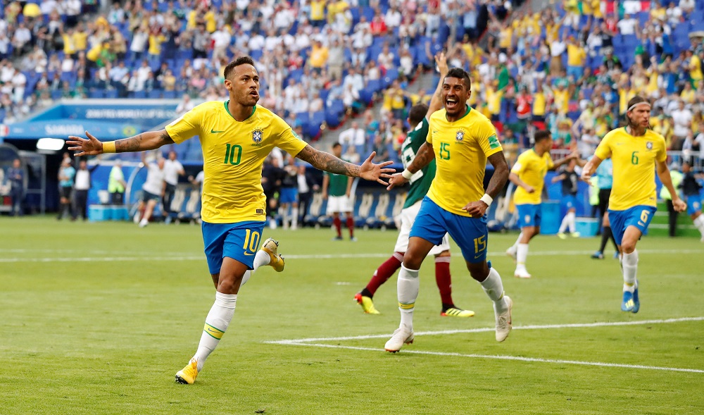 Brazil's Neymar celebrates scoring their first goal against Mexico at the Samara Arena in Russia July 2, 2018. u00e2u20acu201d Reuters pic