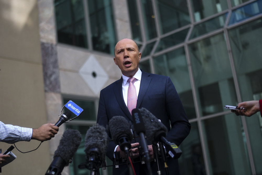 Former Australian Home Affairs Minister Peter Dutton speaks to the media during a news conference at Parliament House in Canberra, Australia August 21, 2018. u00e2u20acu201d Reuters pic