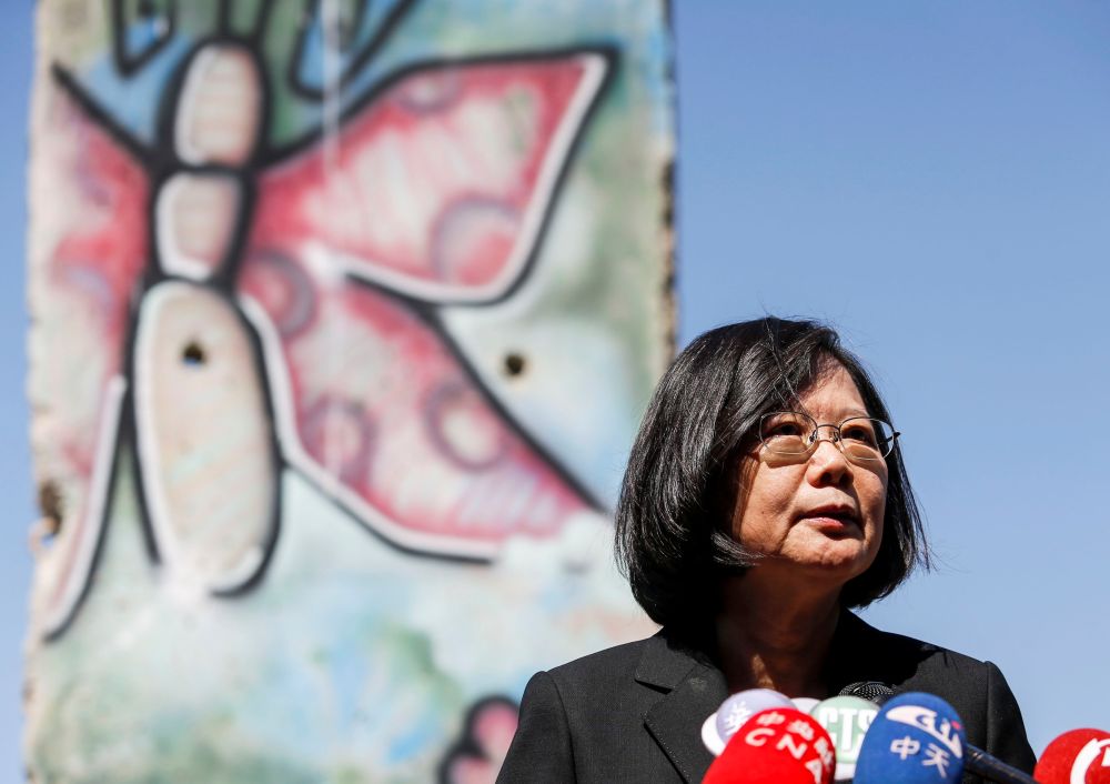 Taiwanese President Tsai Ing-wen standing by a section of the Berlin Wall speaks to media at the Ronald Reagan Presidential Library in Simi Valley. u00e2u20acu201d Reuters pic