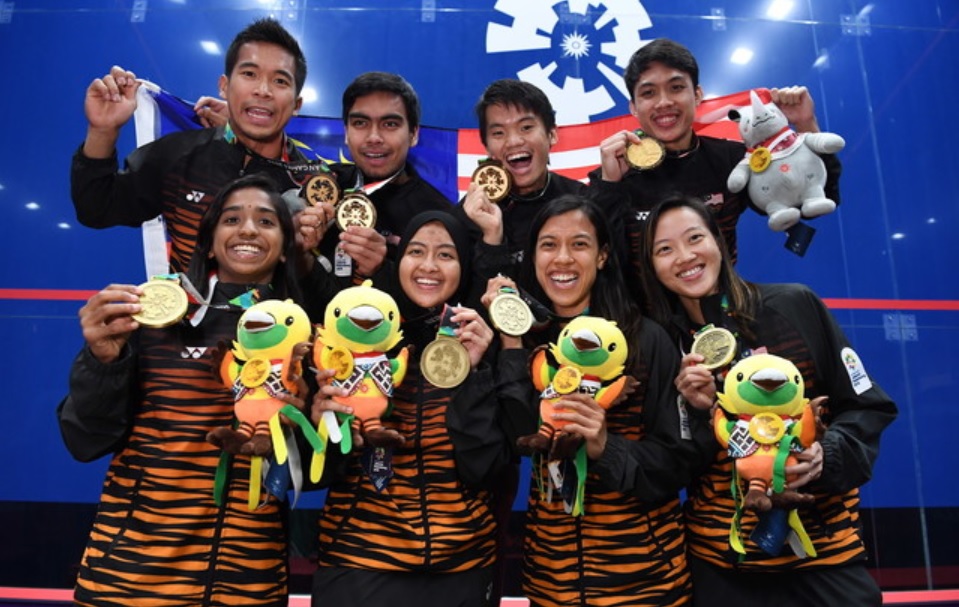 大马壁球男团和女团分别摘下亚运金牌和铜牌。-马新社-