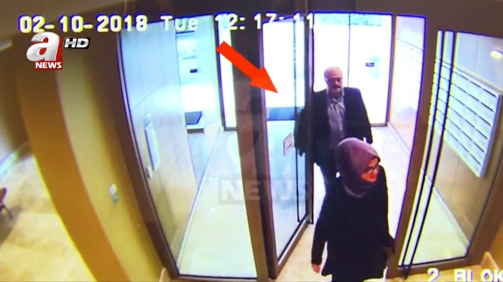 A Still image taken from CCTV video and obtained by A News claims to show Jamal Khashoggi and fiancee Hatice Cengiz entering their residence on the day he disappeared in Istanbul, Turkey October 2, 2018. u00e2u20acu201d Courtesy A NewsHandout via Reuters pic