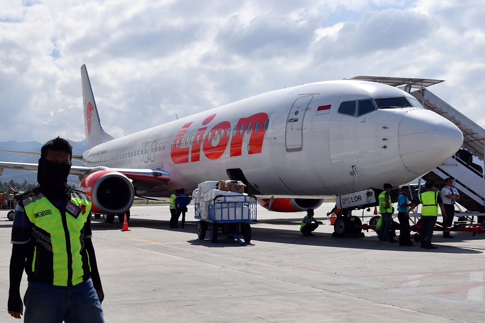 This photo taken on October 10, 2018 shows a Lion Air Boeing 737-800 aircraft at the Mutiara Sis Al Jufri airport in Palu. u00e2u20acu201d AFP pic