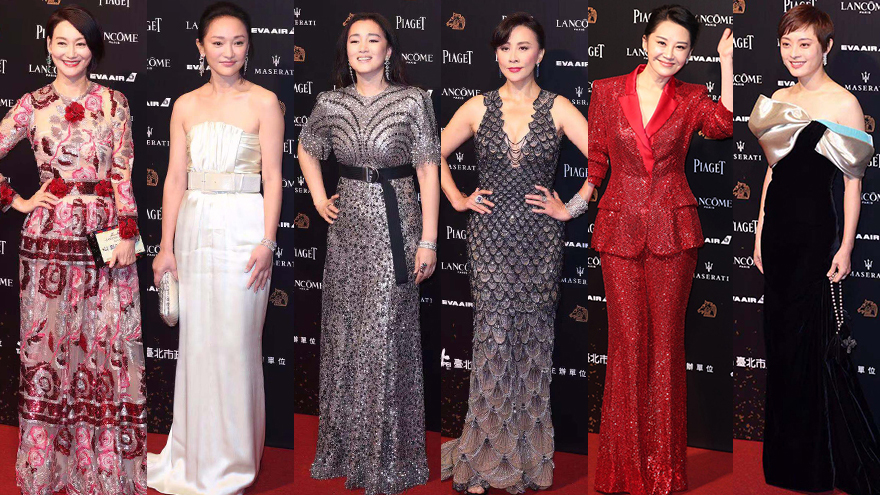 女星们在红毯上各展风姿，左起惠英红、周迅、巩俐、刘嘉玲、许晴和孙俪。