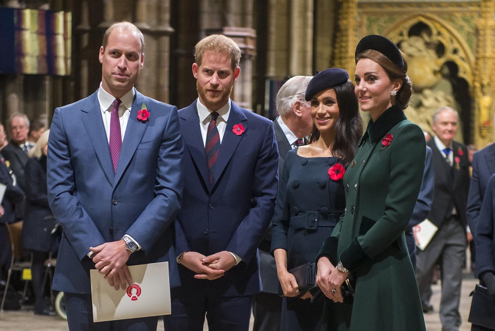 (From left) Britain's Prince William, Prince Harry, Meghan, and Catherine arrive at Westminster Abbey to attend a service to mark the centenary of the Armistice in central London on November 11, 2018. u00e2u20acu201d AFP pic