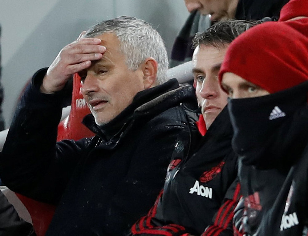 Manchester United manager Jose Mourinho reacts during the Premier League match against Liverpool at Anfield in Liverpool December 16, 2018. u00e2u20acu201d Action Images pic via Reuters