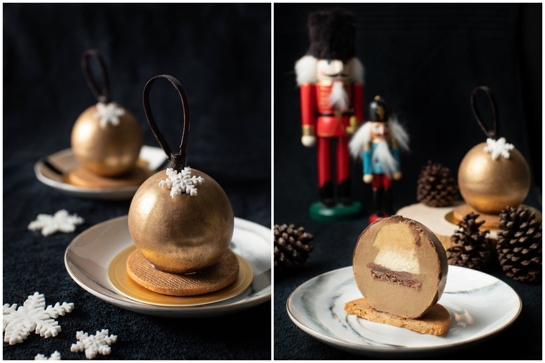 圣诞金色装饰造型糕点。-摘自Valen's Patisserie脸书-