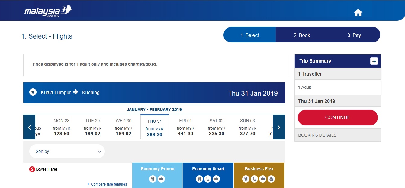 马航网站12月20日3PM截屏的机票价钱（价钱或有浮动，一切以最后票价为准）。