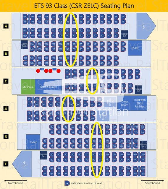 从金马士-吉隆坡-北海-巴东勿刹来回的乘客，就要参考93级别电动火车平面图，黄色圈着的就是背后有空间放大型行李的座位。-摘自railtravelstation.com/精彩大马制图-