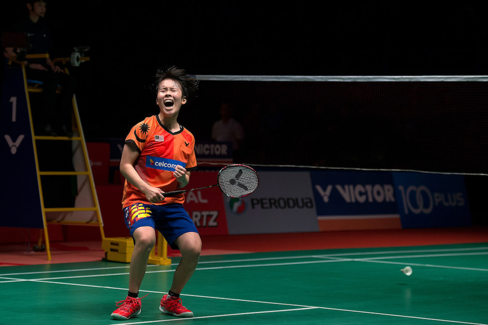 Goh Jin Wei reacts during her Malaysia Masters 2019 quarter-final match against Chinau00e2u20acu2122s He Bingjiao in Kuala Lumpur January 18, 2019. u00e2u20acu201d Bernama pic