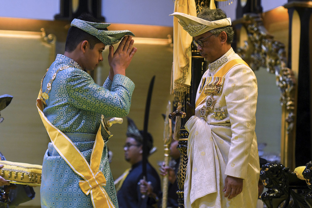 Tengku Hassanal Ibrahim Alam Shah Al-Sultan Abdullah and Al-Sultan Abdullah Riu00e2u20acu2122ayatuddin Al-Mustafa Billah Shah are seen during the proclamation ceremony in Pekan January 29, 2019. u00e2u20acu201d Bernama pic