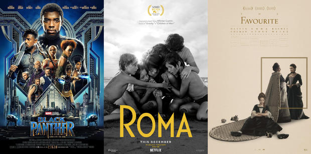 入围奥斯卡最佳影片的三部电影，左起《黑豹》、《罗马》和《宠儿》。