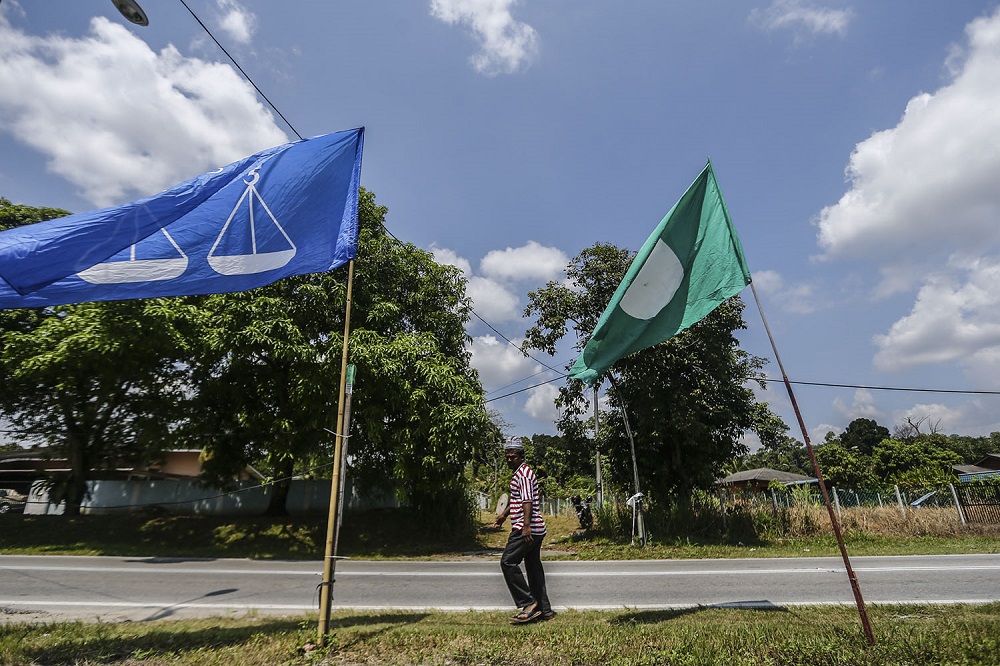 Barisan Nasional and PAS flags are seen along Jalan Sg Lalang in Semenyih February 8, 2019. u00e2u20acu201d Picture by Hari Anggara