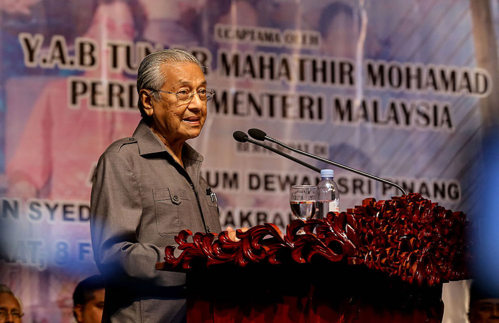 Prime Minister Tun Dr Mahathir Mohamad delivers his speech during the Unity Gathering in conjunction with Penang Unity Day in George Town February 8, 2019. u00e2u20acu201d Picture by Sayuti Zainudin