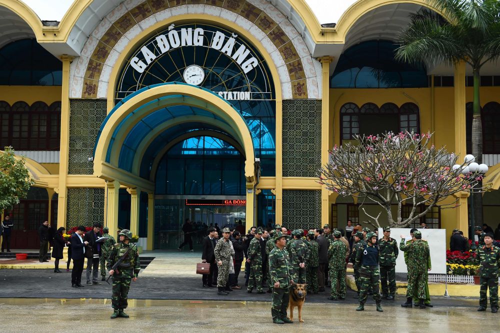 Vietnamese soldiers stand guard near an entrance of the Dong Dang railway station, where North Korean leader Kim Jong-un is expected to arrive by train ahead of the second US-North Korea summit, in Lang Son February 25, 2019. u00e2u20acu201d AFP pic