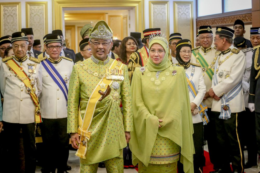 Yang di-Pertuan Agong Al-Sultan Abdullah Riu00e2u20acu2122ayatuddin Al-Mustafa Billah Shah and Raja Permaisuri Agong Tunku Hajah Azizah Aminah Maimunah Iskandariah Almarhum Sultan Iskandar are pictured at Parliament March 11, 2019. u00e2u20acu201d Picture by Firdaus Latif