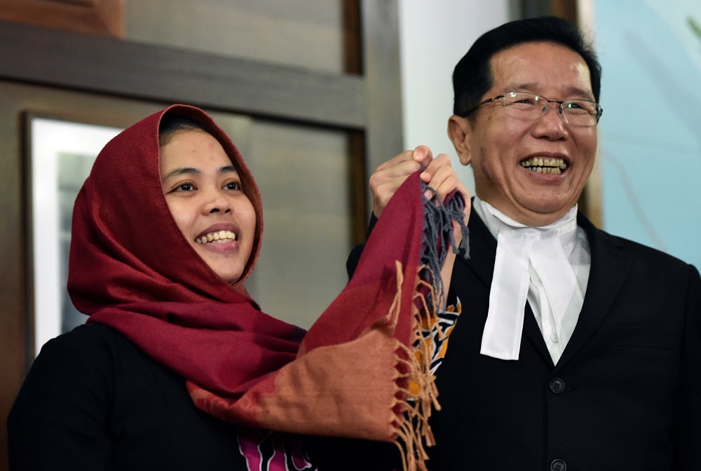 Indonesian Siti Aisyah (left), accused in the 2017 killing of Kim Jong-nam, and who was freed by the High Court, attends a news conference at the Indonesian embassy in Kuala Lumpur March 11, 2019. u00e2u20acu201d Reuters pic