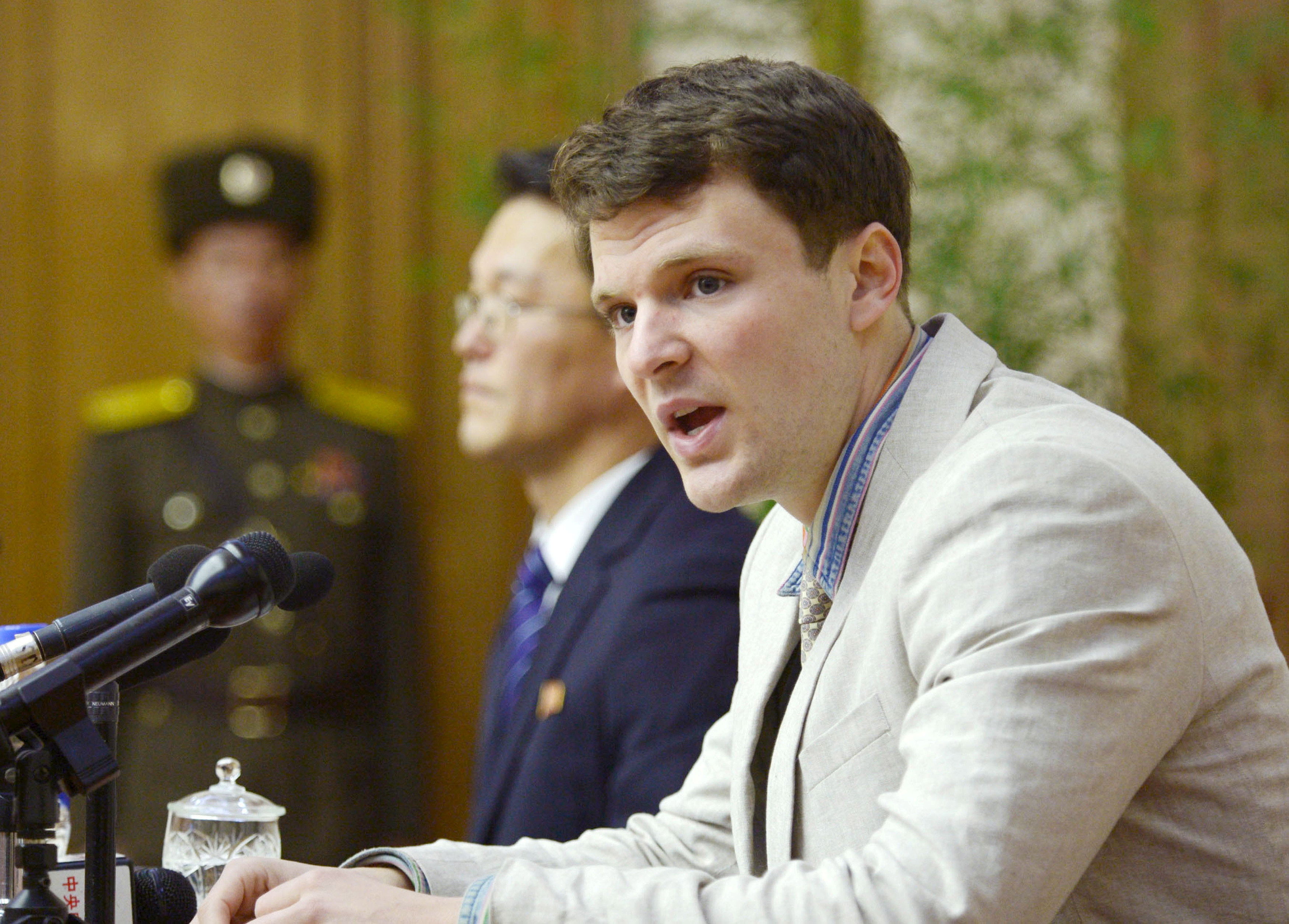 Otto Frederick Warmbier attends a news conference in Pyongyang in this photo released by Kyodo February 29, 2016. u00e2u20acu201d Reuters/Kyodo pic 